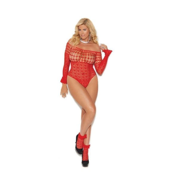 QUEEN Size - Red Off The Shoulder, Long Sleeve Heart Pattern Crochet Teddy - Picture 1 of 2